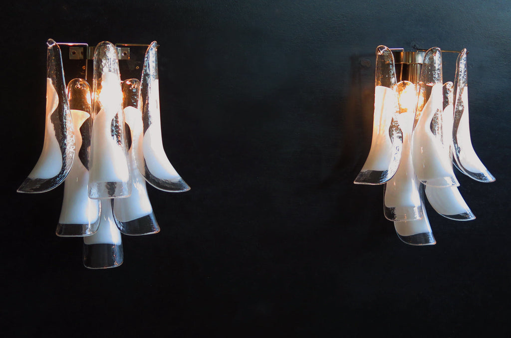 Mid-Century Murano Wall Lamp | Punto di Luce |  6 White Petal Glass | Punto di Luce |  1 Pair