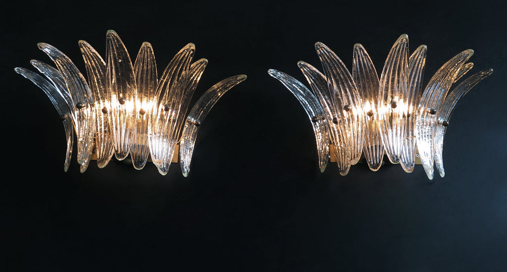Mid-Century Murano Wandlampe | Punto di Luce | 9 Klares Palmettenglas | Punto di Luce | 1 Paar