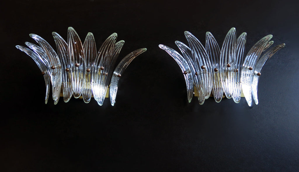 Mid-Century Murano Wandlampe | Punto di Luce | 9 Klares Palmettenglas | Punto di Luce | 1 Paar