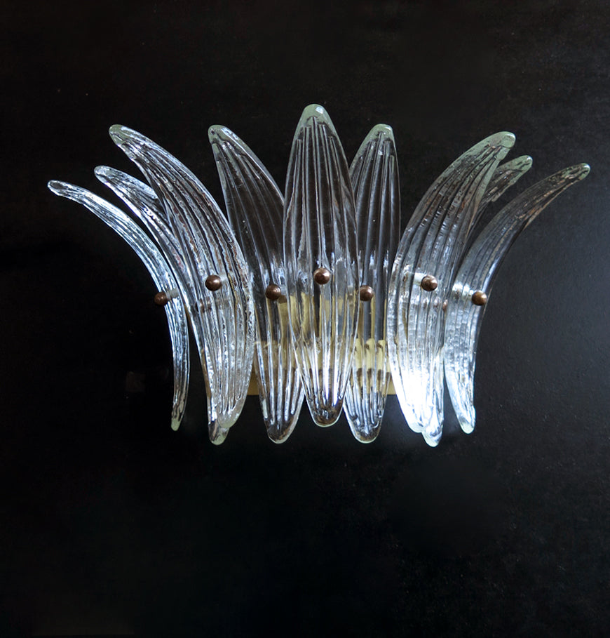 Mid-Century Murano Wall Lamp | Punto di Luce |  9 Clear Palmette Glass | Punto di Luce |  1 Pair