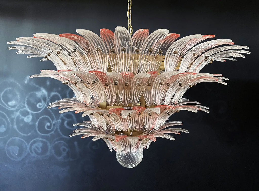 Candelabru Murano de la mijlocul secolului | Punto di Luce | 163 Sticlă de palmetă transparentă și roz
