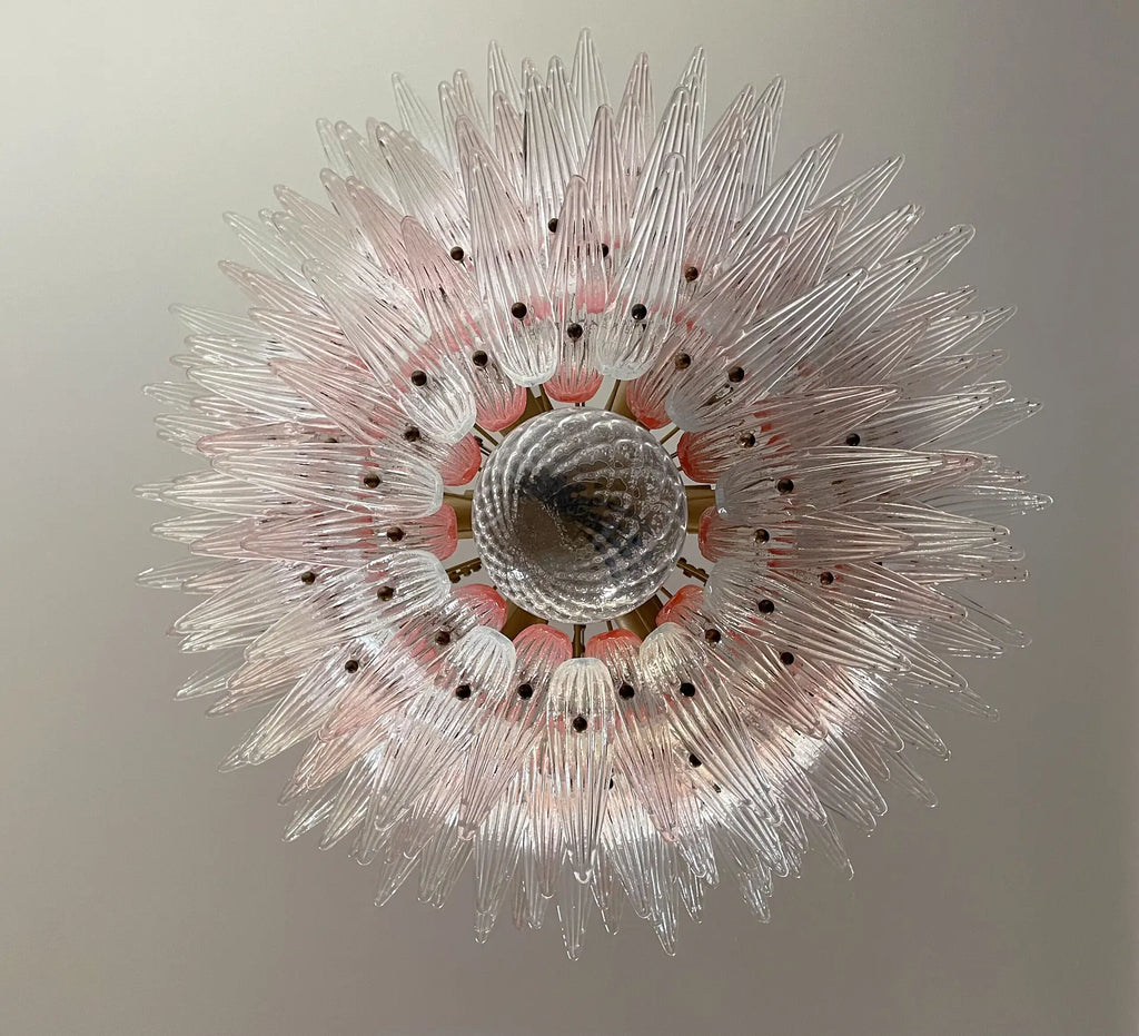 Candelabru Murano de la mijlocul secolului | Punto di Luce | 163 Sticlă de palmetă transparentă și roz