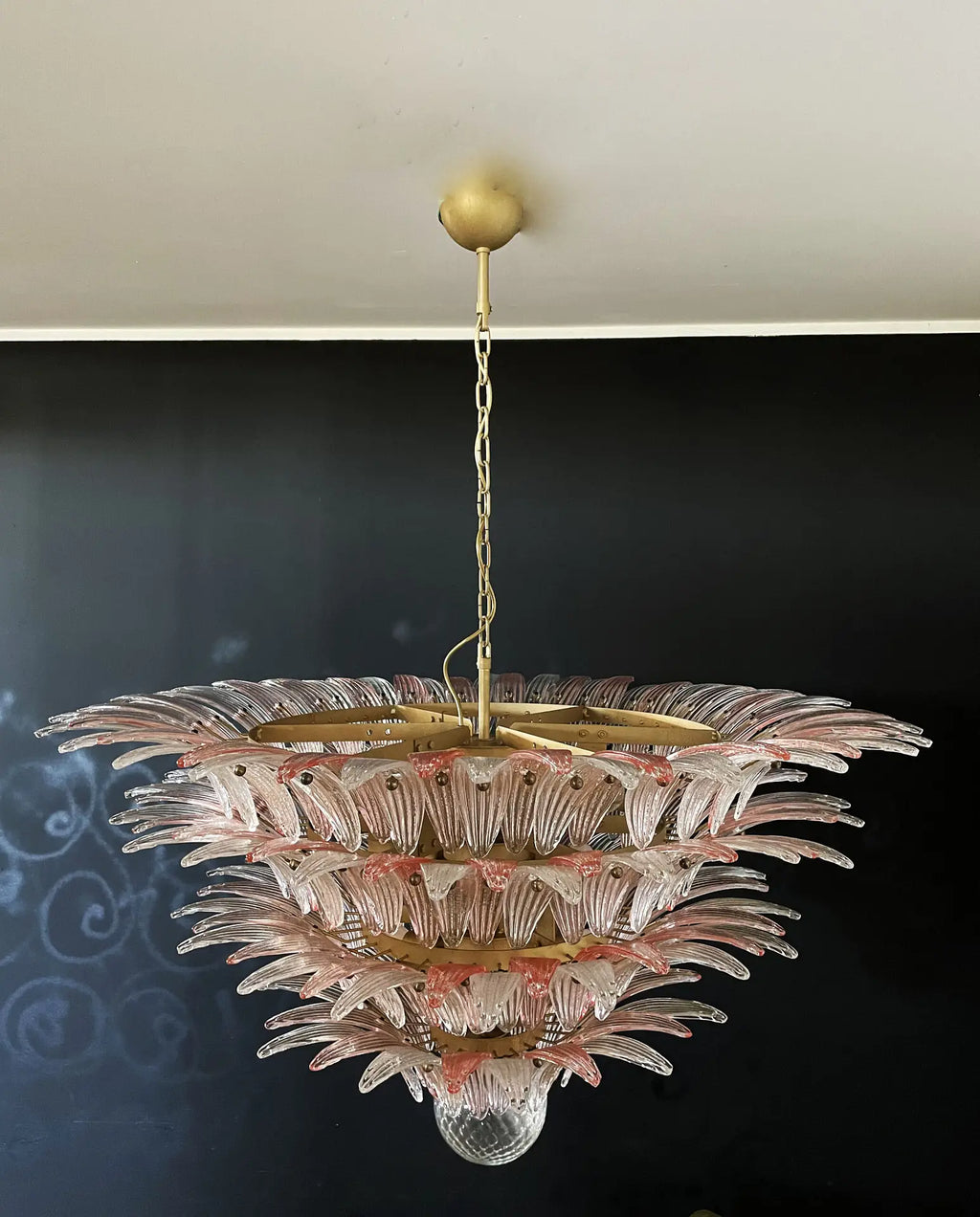 Candelabru Murano de la mijlocul secolului | Punto di Luce | 163 Sticlă de palmetă transparentă și roz