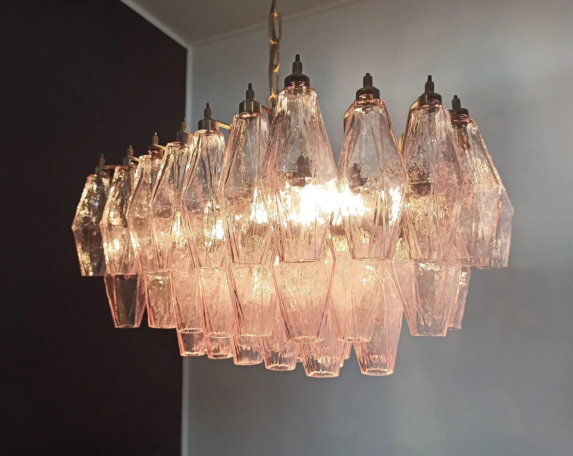 Mid-Century Murano Chandelier | Punto di Luce |  56 Pink Poliedri Glass