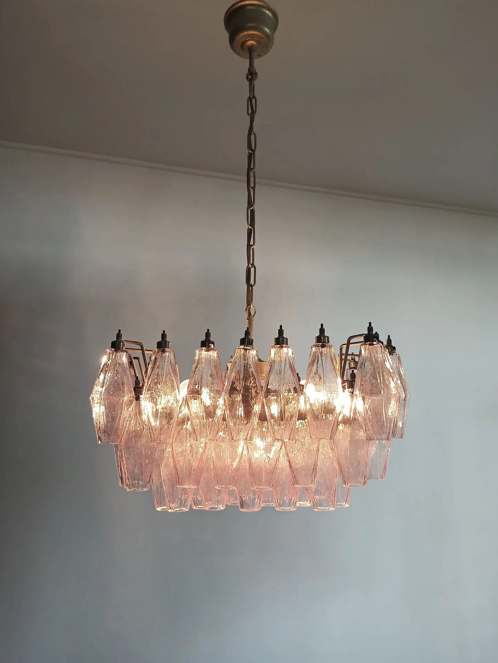 Mid-Century Murano Chandelier | Punto di Luce |  56 Pink Poliedri Glass