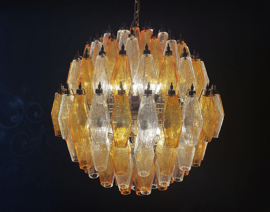 Mid-Century Murano Chandelier | Punto di Luce |  140 Clear and Yellow Poliedri Glass