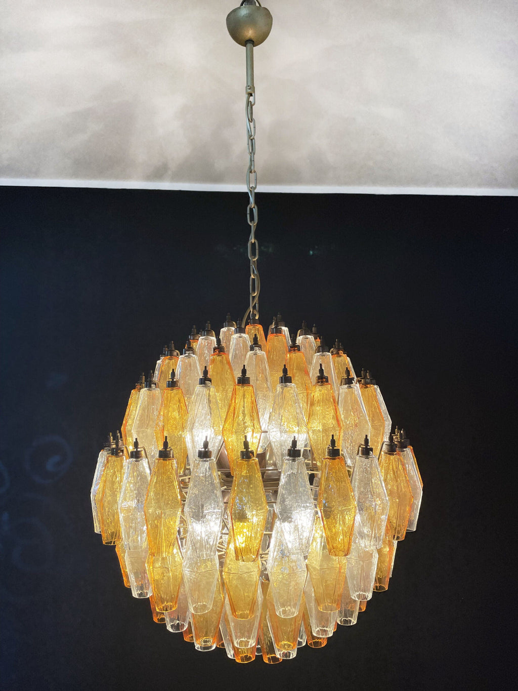 Mid-Century Murano Chandelier | Punto di Luce |  140 Clear and Yellow Poliedri Glass
