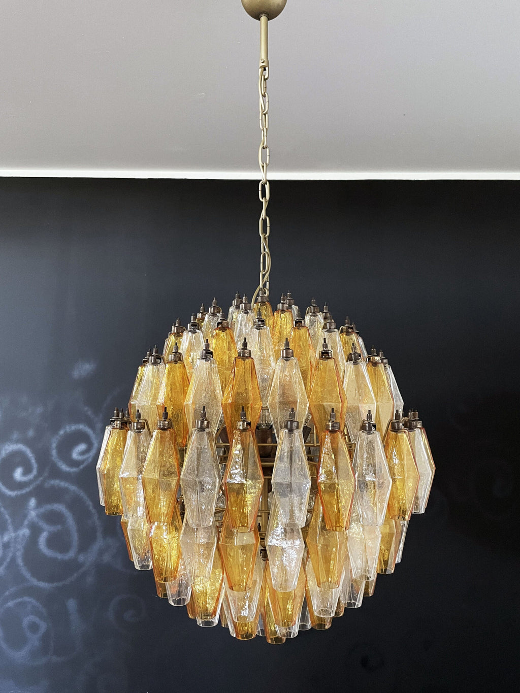 Mid-Century Murano Chandelier | Punto di Luce |  140 Clear and Yellow Poliedri Glass