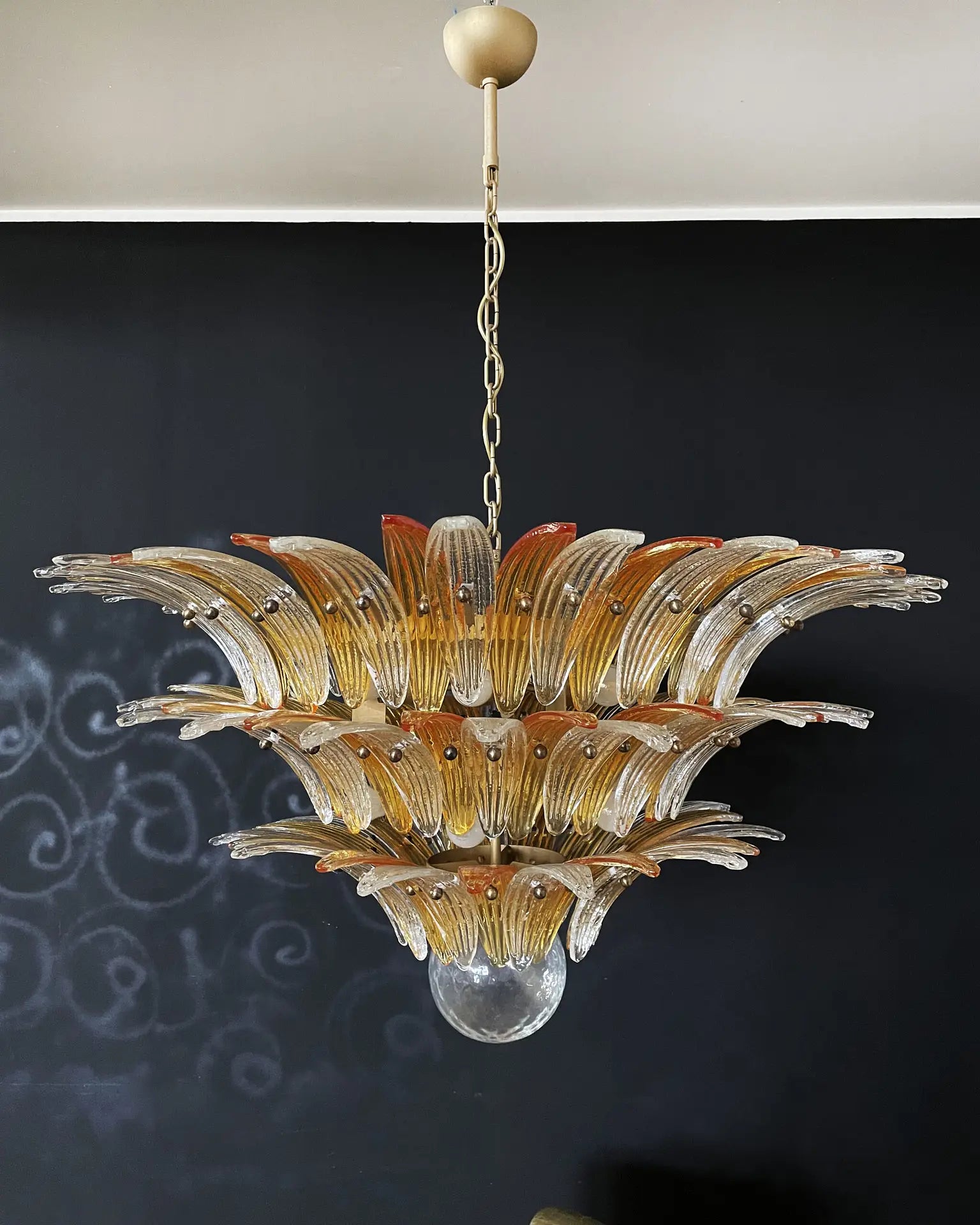 Mid-Century Murano Chandelier | Punto di Luce |  104 Clear and Yellow Palmette Glass