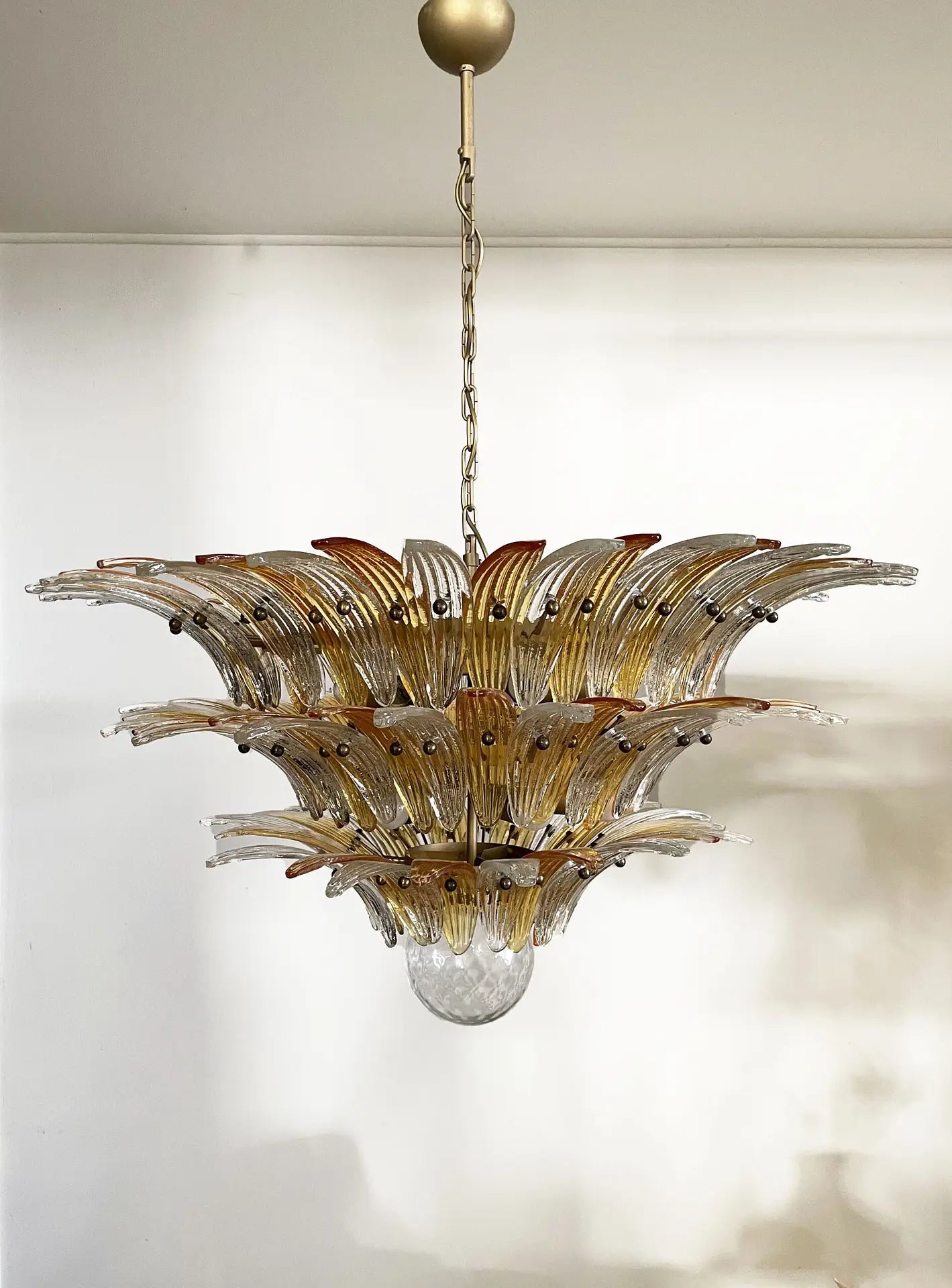 Mid-Century Murano Chandelier | Punto di Luce |  104 Clear and Yellow Palmette Glass