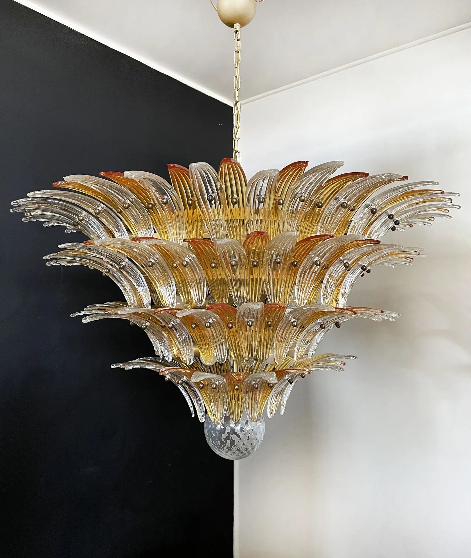 Mid-Century Murano Chandelier | Punto di Luce |  163 Clear and Yellow Palmette Glass