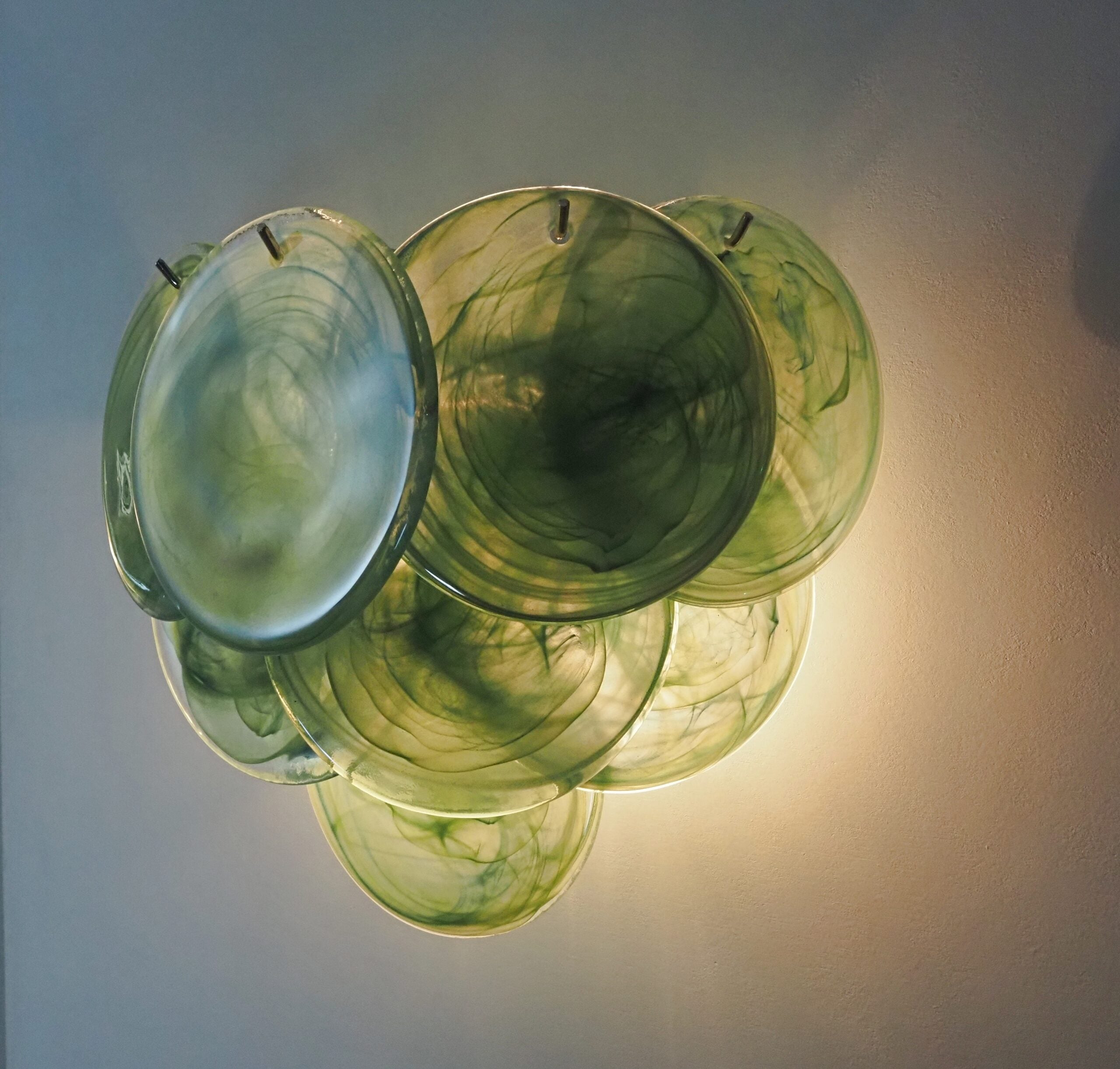 Mid-Century Murano Wall Lamp | Punto di Luce |  10 Alabaster Green Disc Glass | Punto di Luce |  1 Pair
