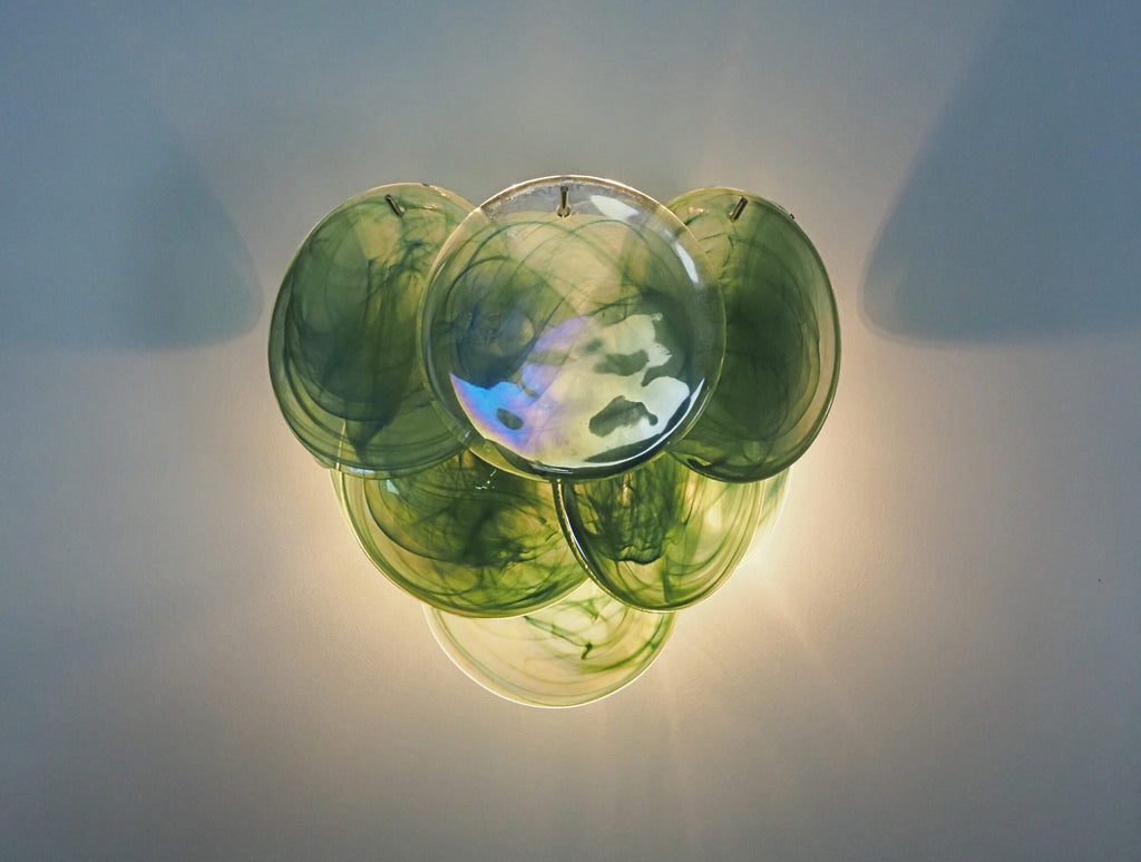 Mid-Century Murano Wall Lamp | Punto di Luce |  10 Alabaster Green Disc Glass | Punto di Luce |  1 Pair
