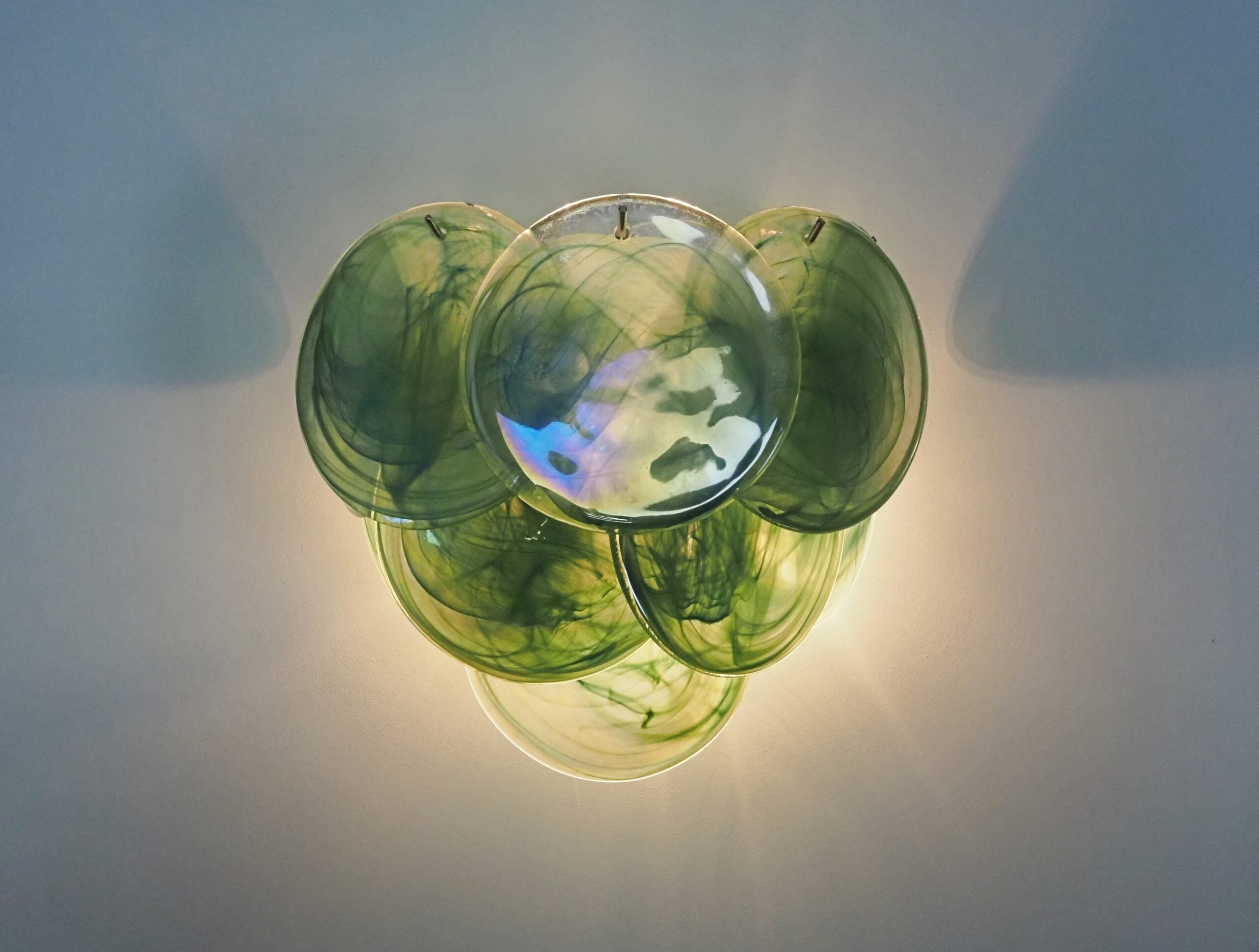 Mid-Century Murano Wall Lamp | Punto di Luce |  10 Alabaster Green Disc Glass | Punto di Luce |  1 Pair