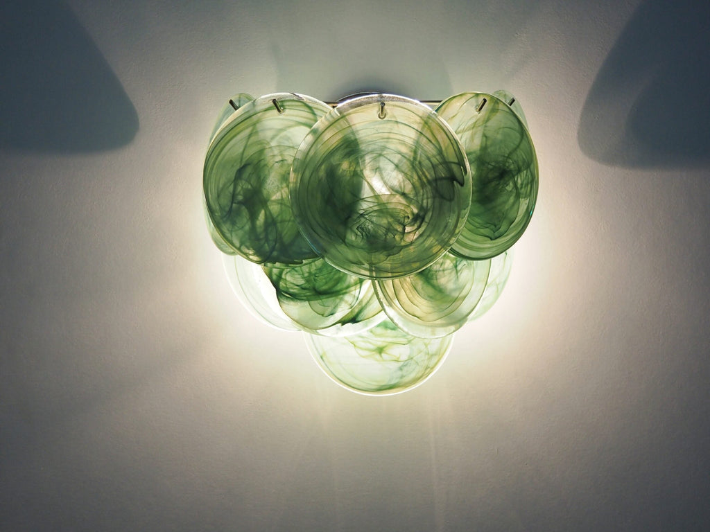 Mid-Century Murano Wall Lamp | Punto di Luce |  10 Alabaster Green Disc Glass | Punto di Luce |  1 Pair