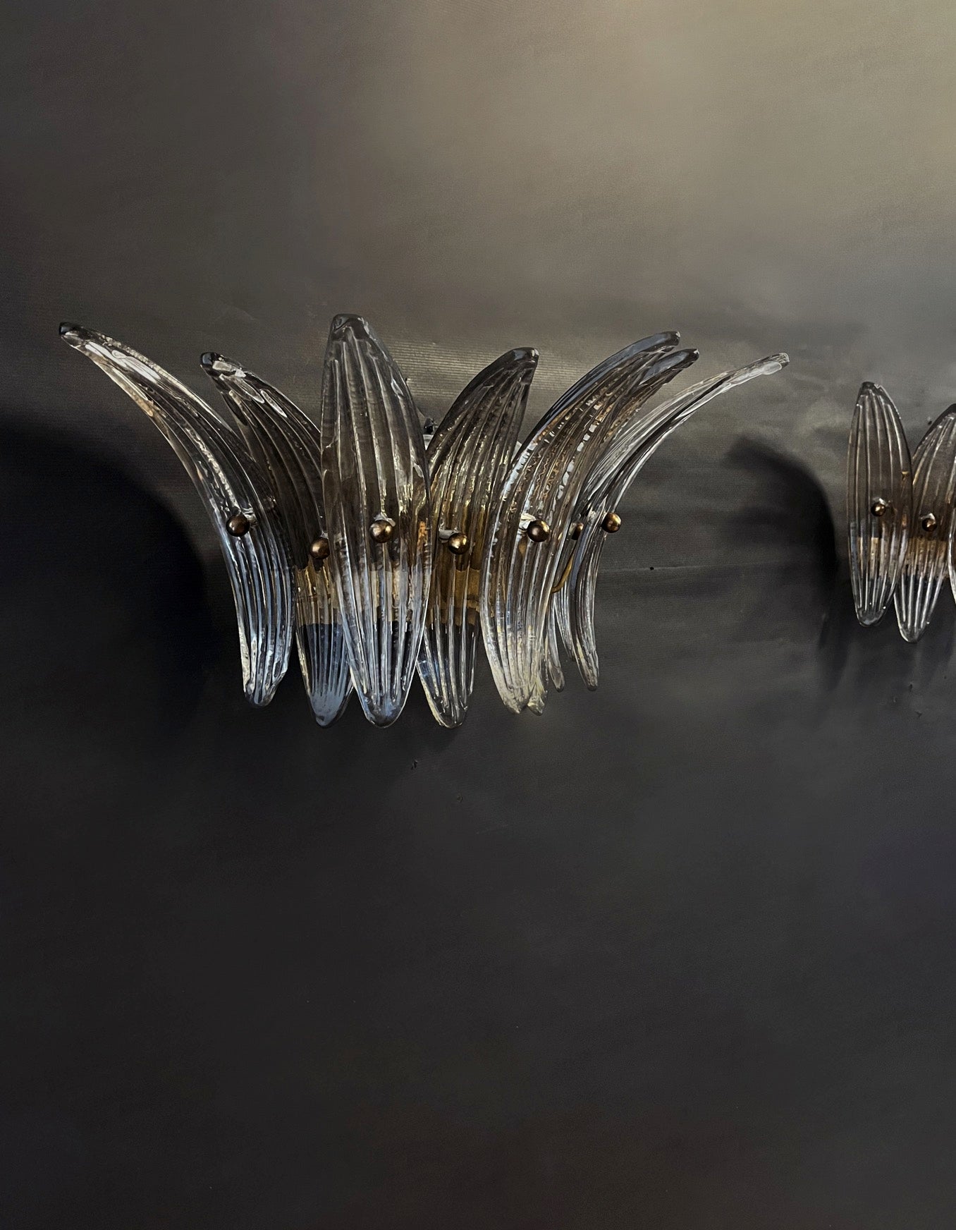 Mid-Century Murano Wall Lamp | Punto di Luce |  9 Smoke-Colored Palmette Glass | Punto di Luce |  1 Pair