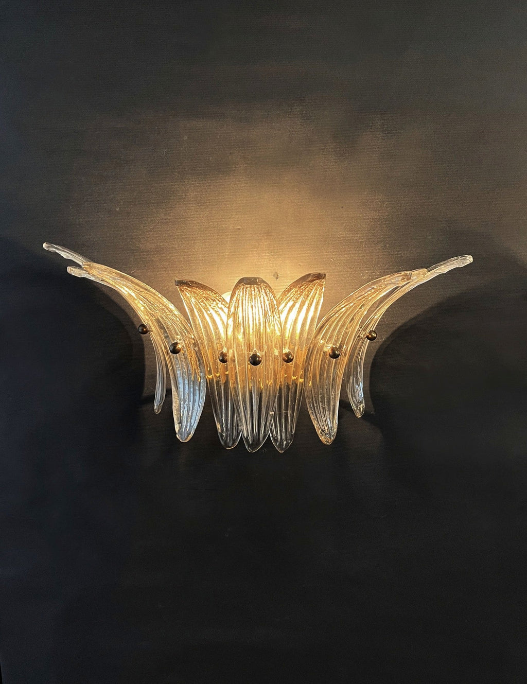 Mid-Century Murano Wandlampe | Punto di Luce | 9 rauchfarbenes Palmettenglas | Punto di Luce | 1 Paar