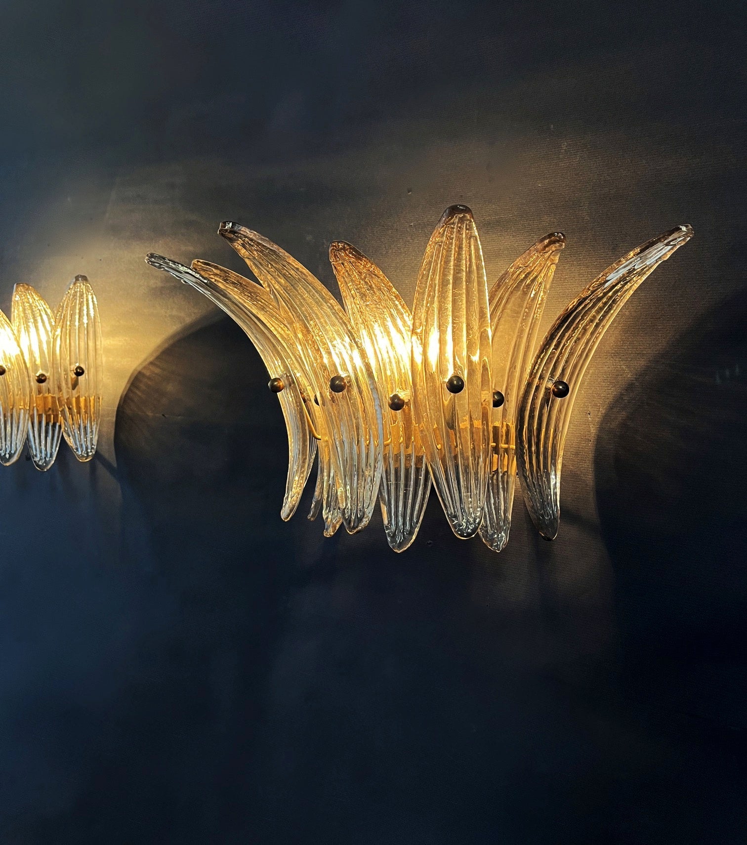 Mid-Century Murano Wall Lamp | Punto di Luce |  9 Smoke-Colored Palmette Glass | Punto di Luce |  1 Pair