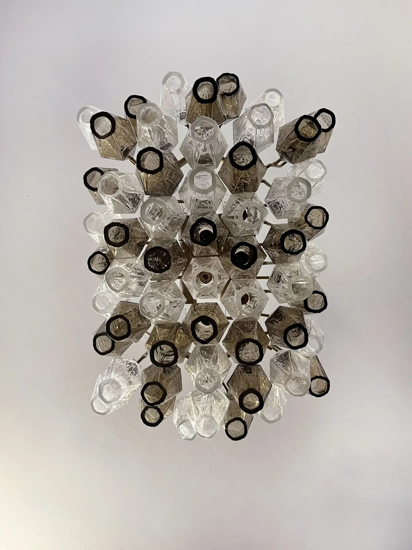 Mid-Century Murano Chandelier | Punto di Luce |  56 Clear and Smoke Colored Poliedri Glass