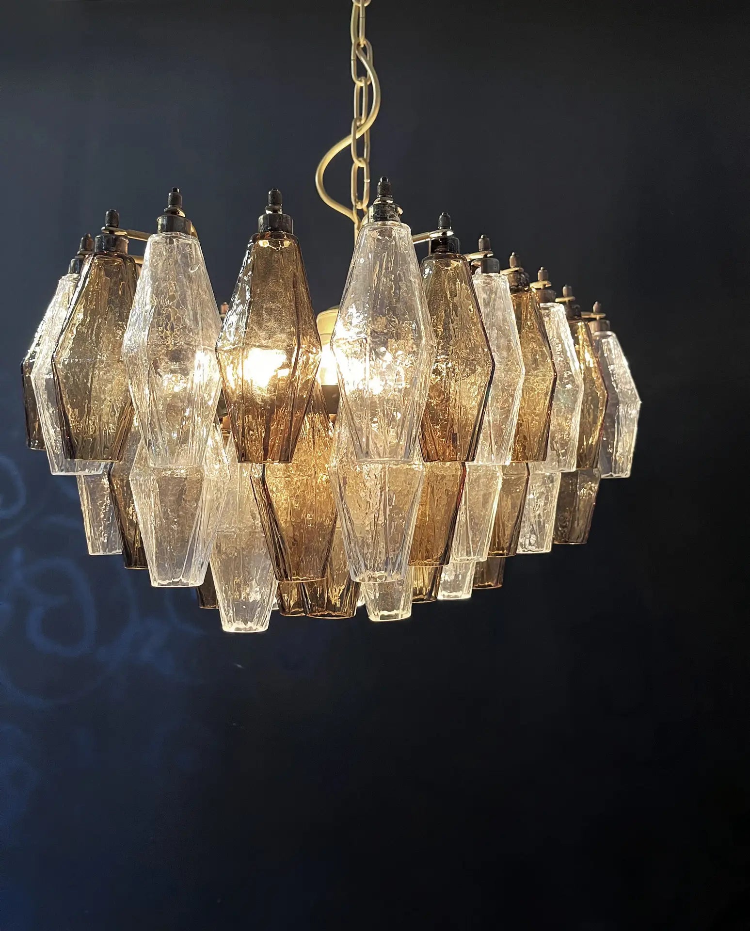 Mid-Century Murano Chandelier | Punto di Luce |  56 Clear and Smoke Colored Poliedri Glass