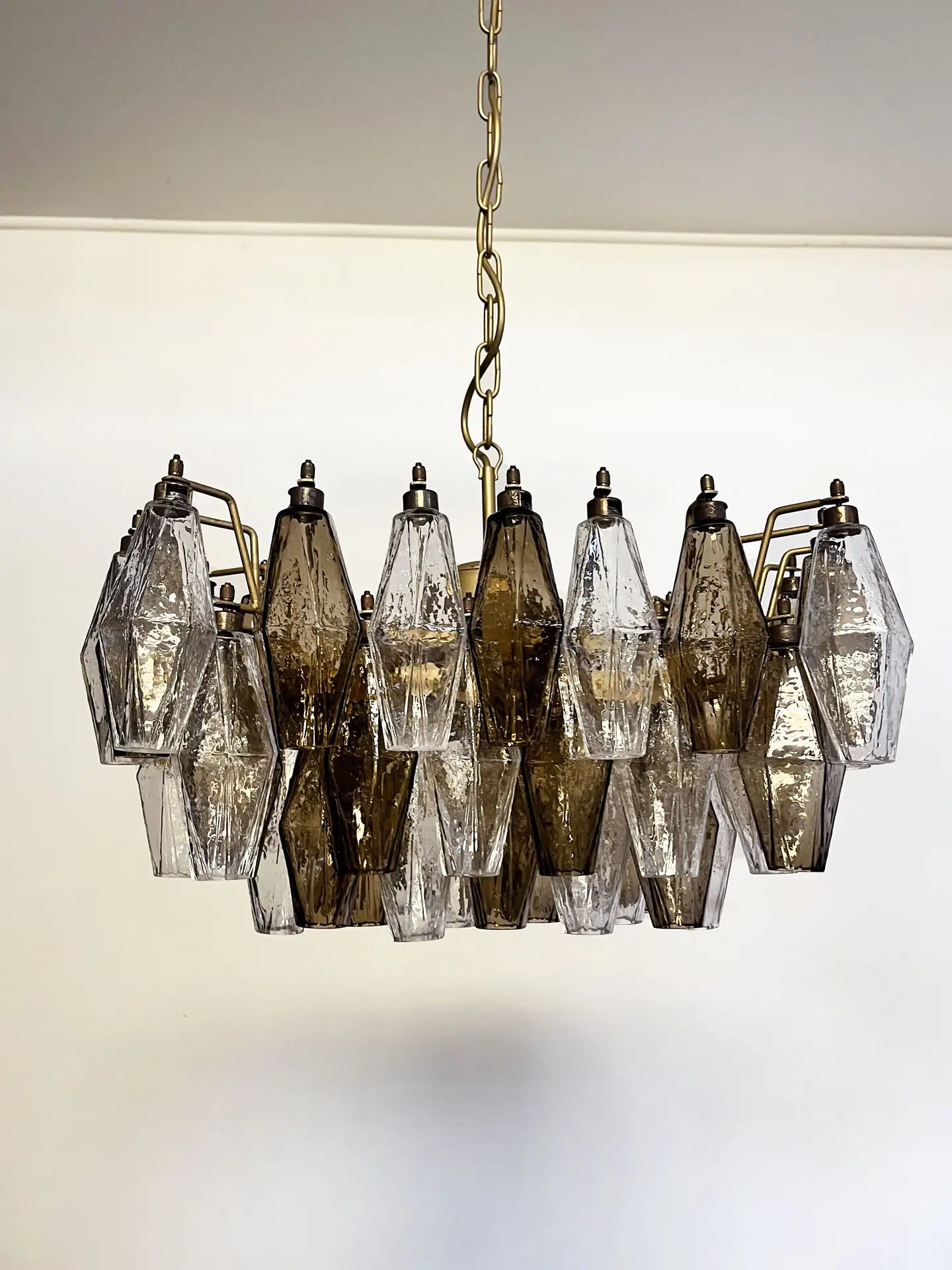 Mid-Century Murano Chandelier | Punto di Luce |  56 Clear and Smoke Colored Poliedri Glass