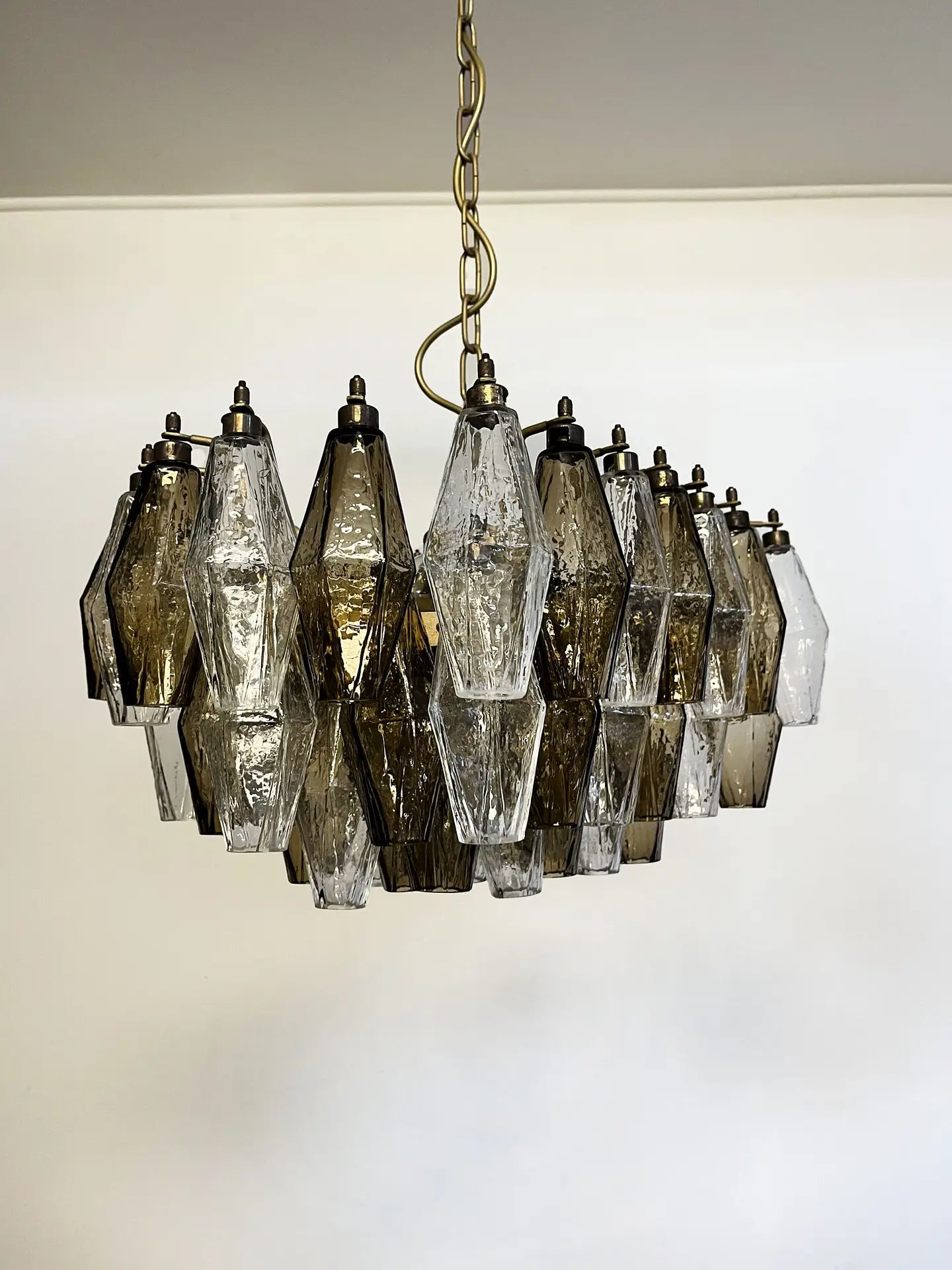 Mid-Century Murano Chandelier | Punto di Luce |  56 Clear and Smoke Colored Poliedri Glass