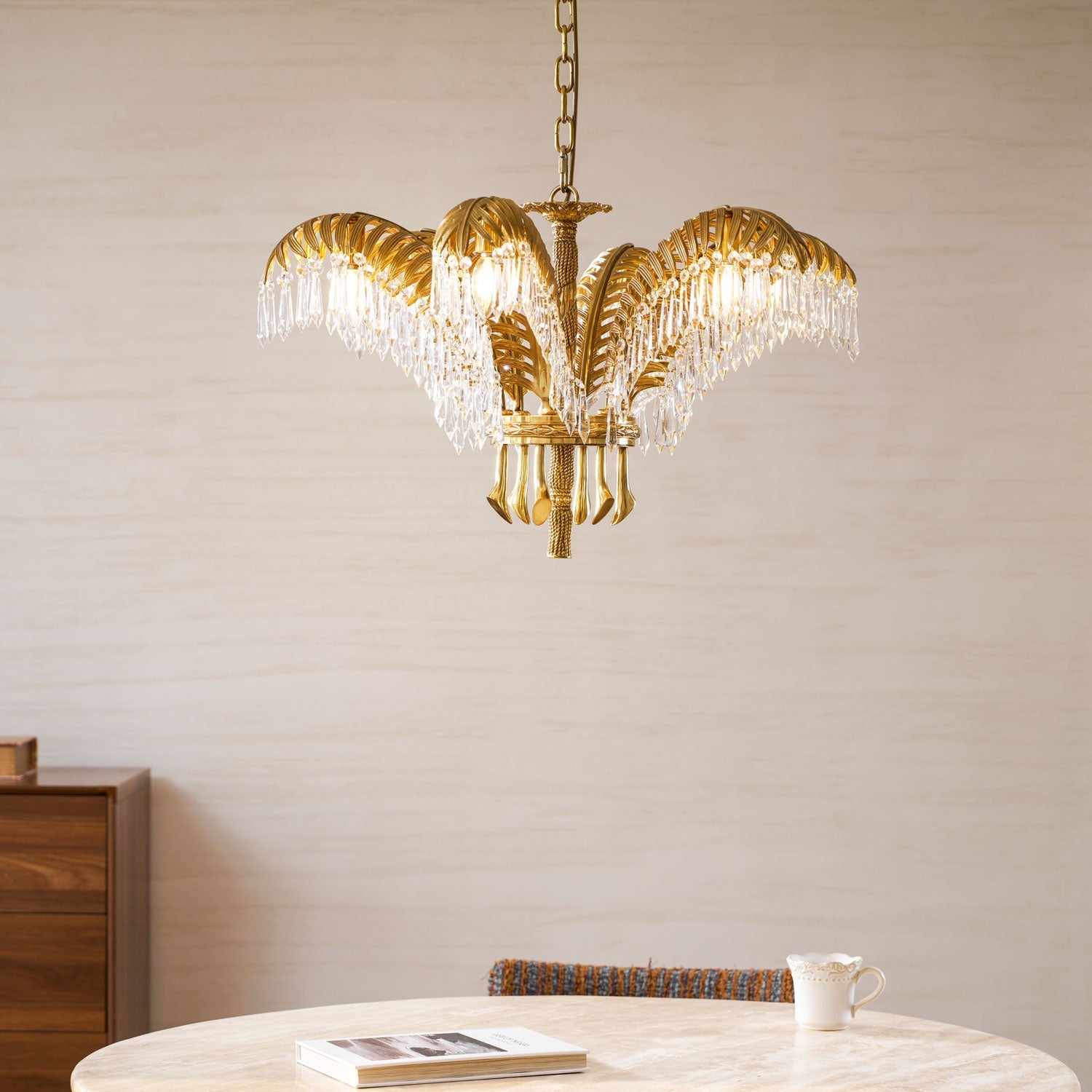 Brass Palm Leaf Crystal Chandelier