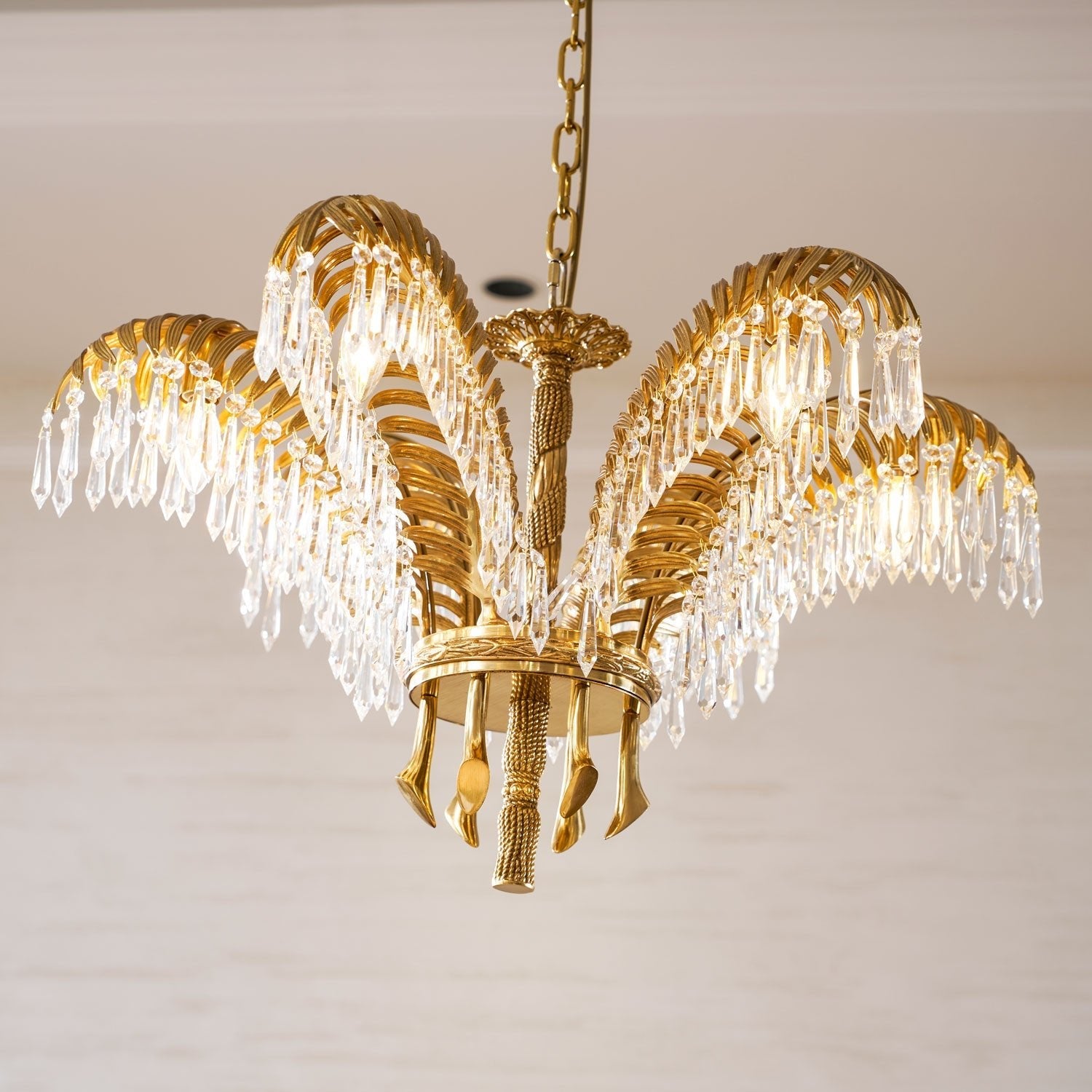 Brass Palm Leaf Crystal Chandelier
