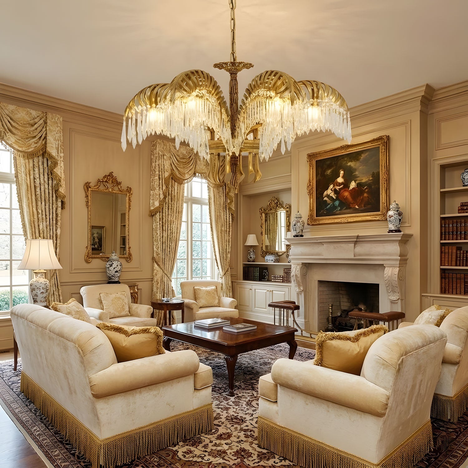 Brass Palm Leaf Crystal Chandelier