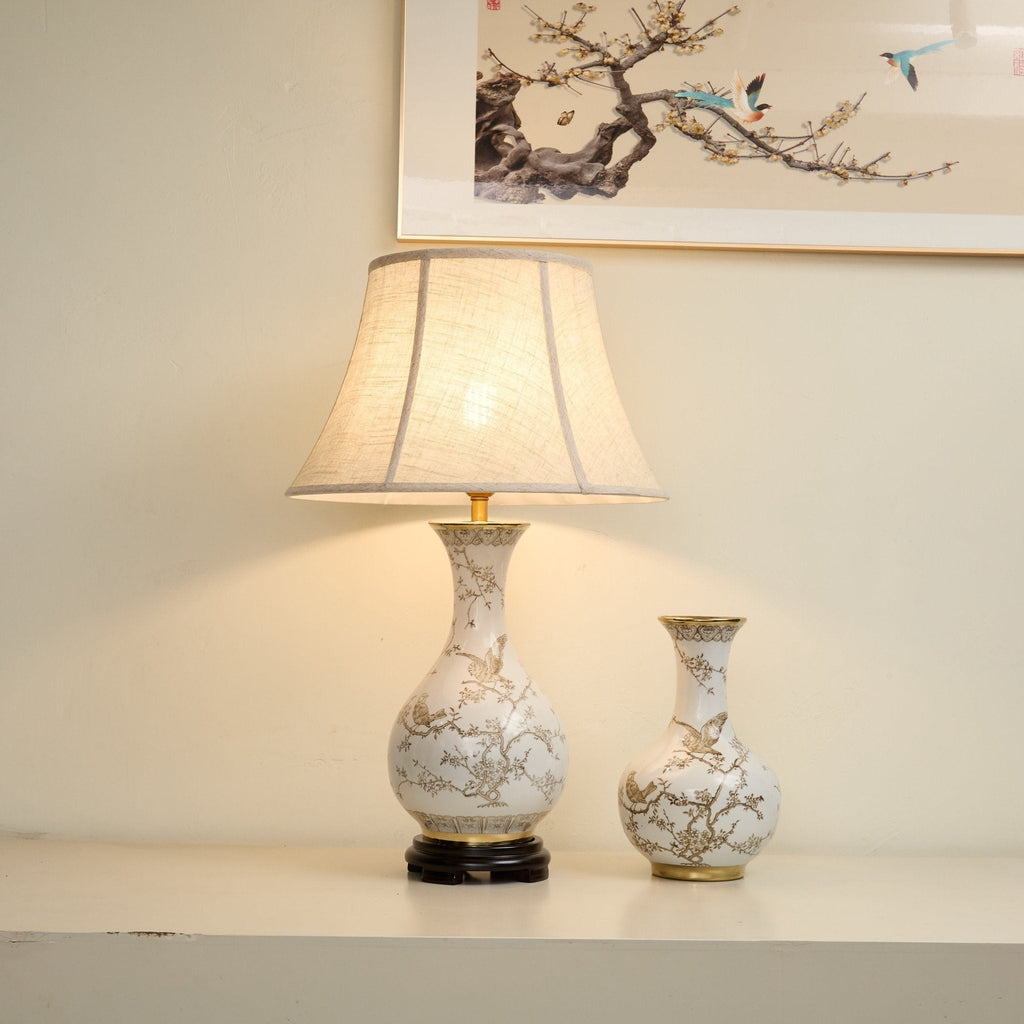 Lampă de masă ceramică cu flori și păsări