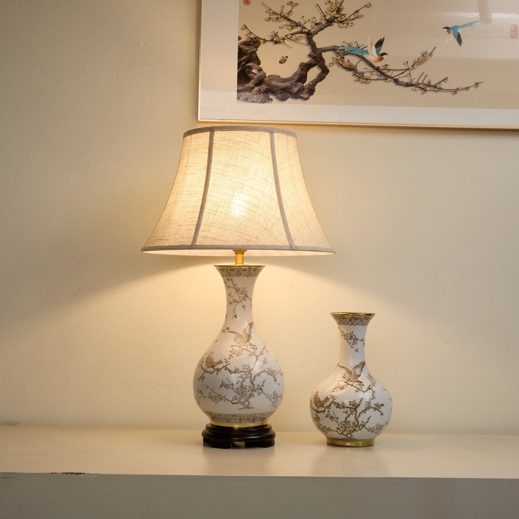 Lampă de masă ceramică cu flori și păsări
