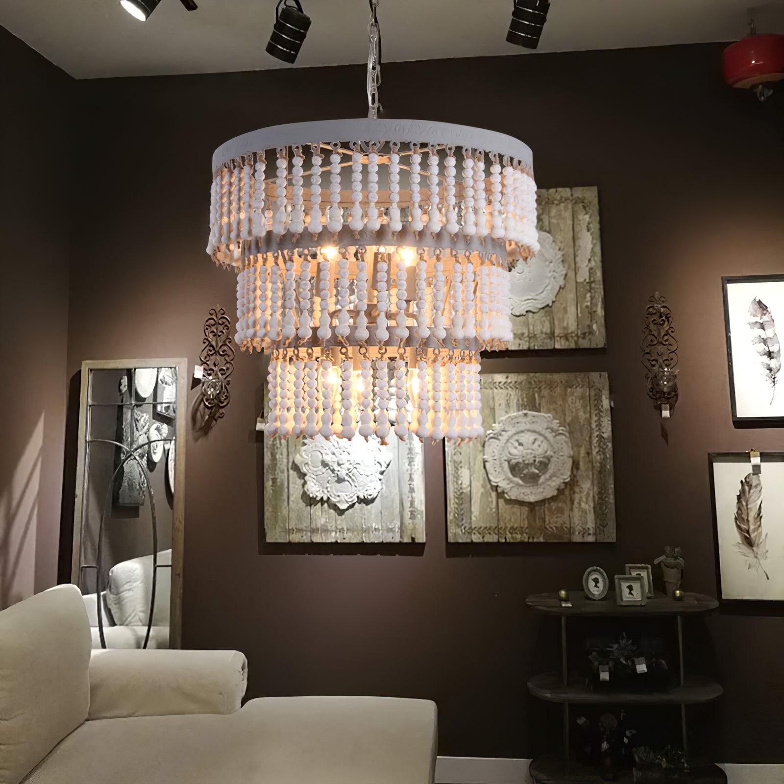 Three Tiered Wood Beaded Chandelier
