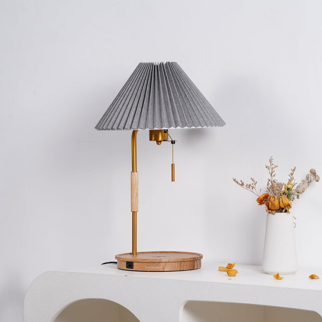 Lampă de masă retro plisată din lemn