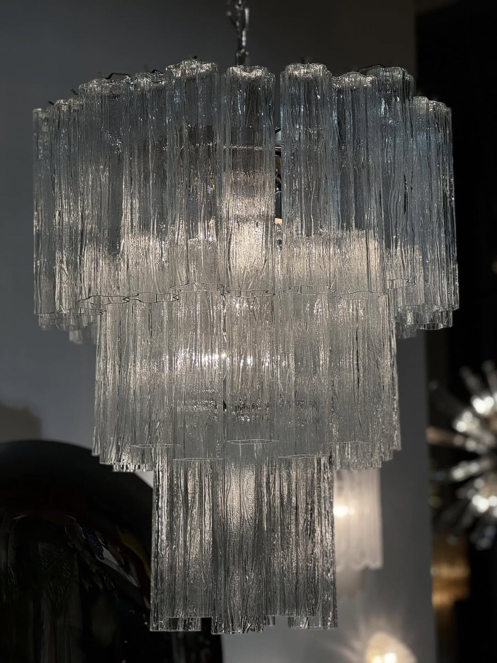 Candelabru Murano de la mijlocul secolului | Punto di Luce | 48 tuburi de sticlă transparentă